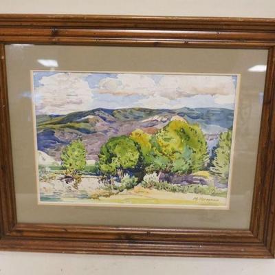 1136	FRAMED WATERCOLOR UNDER GLASS, LANDSCAPE, SIGNED M HERMANN, APPROXIMATELY 21 1/2 IN X 17 1/2 IN OVERALL
