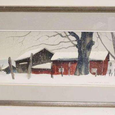 1137	FRAMED WATERCOLOR UNDER GLASS, WINTER SCENE W/BARN, ARTIST SIGNED JAMES FERIOLA A.W.S., APPROXIMATELY 19 IN X 17 IN OVERALL
