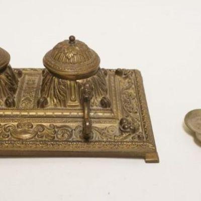 1006	ANTIQUE ORNATE BRASS VICTORIAN DOUBLE INKWELL & MATCH BOX HOLDER, INKWELL APPROXIMATELY 10 IN X 6 1/4 IN X 4 1/2 IN HIGH, MISSING...