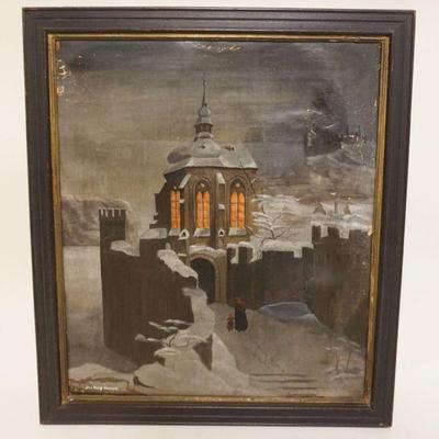 1139	OIL PAINTING ON CANVAS, WOMAN & CHILD WALKING INTO CASTLE, ARTIST SIGNED JON PHILIP METZGER, OLD REPAIRS, APPROXIMATELY 22 IN X 25...