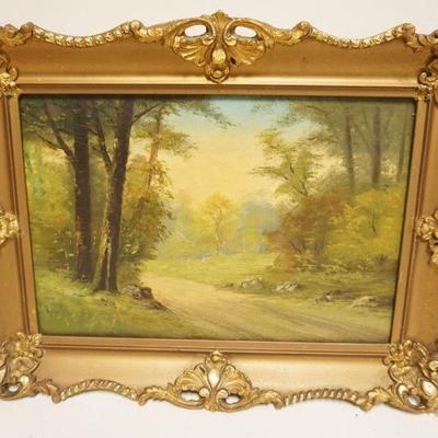 1141	OIL PAINTING ON CANVAS, LANDSCAPE COUNTRY ROAD SIGNED ROSE, REPAIRS, APPROXIMATELY 17 IN X 23 IN
