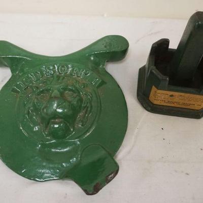 1056	CAST IRON *POTTER* WALNUT CRACKER & CAST METAL IRON PIECE W/EMBOSSED LION STAMPED EDISON'S, APPROXIMATELY 7 IN X 6 3/4 IN
