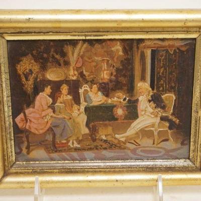 1129	ANTIQUE OIL PAINTING ON BOARD OF A PARLOR SCENE, APPROXIMATELY 5 1/2 IN X 7 IN OVERALL
