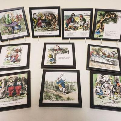 1153	GROUP OF 10 FRAMED CONTEMPORARY CERAMIC TILES DEPICTING SCENES FROM ALICE IN WONDERLAND, EACH APPROXIMATELY 6 3/4 IN X 6 3/4 IN
