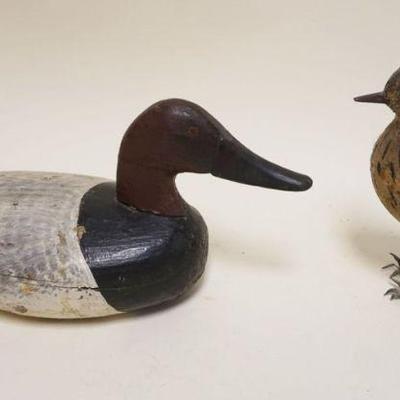 1166	ANTIQUE WOOD DUCK DECOY & BIRD W/GLASS EYES, DUCK APPROXIMATELY 17 IN X 7 IN X 8 IN HIGH
