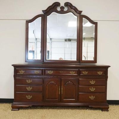 1233	STANLEY *THE AMERICAN HERITAGE* LOW CHEST W/TRIPLE BEVELED MIRROR, APPROXIMATELY 72 IN X 18 IN X 84 IN HIGH
