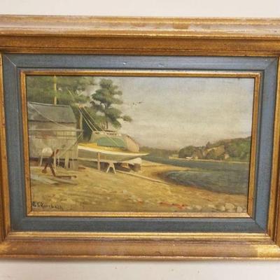 1127	OIL PAINTING ON BOARD ARTIST SIGNED GS RAURBACH SHORE SCENE W/BOAT, APPROXIMATELY 11 IN X 14 IN OVERALL
