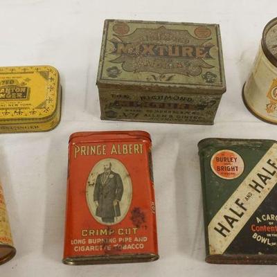 1074	GROUP OF ASSORTED ANTIQUE TINS INCLUDING TOBACCO, HALF & HALF, CHESTERFIELD, CANTON GINGER, ETC, LARGEST APPROXIMATELY 3 1/4 IN X 4...