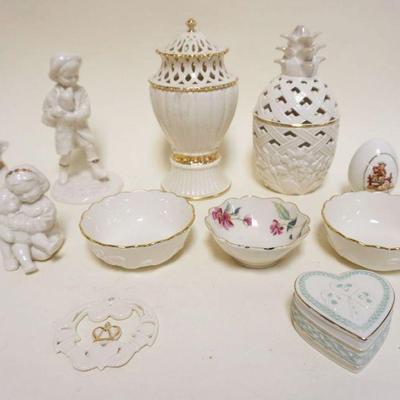 1173	GROUP OF ASSORTED CHINA INCLUDING LENOX FIGURINES, SMALL BOWLS, COVERED BOX, LARGEST PIECE APPROXIMATELY 9 IN HIGH
