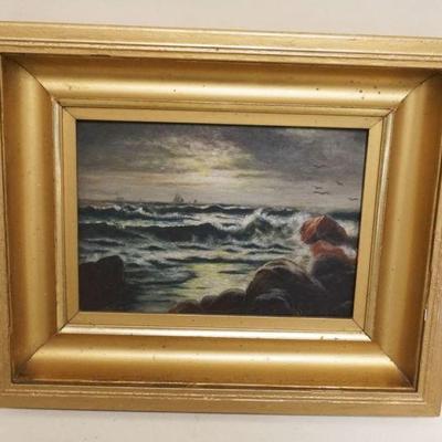 1143	ANTIQUE OIL PAINTING ON BOARD, SHORE SCENE, APPROXIMATELY 11 IN X 13 1/4 IN
