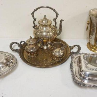 1168	GROUP OF SILVERPLATE INCLUDING TEASET, COVERED SERVING DISHES & 9 1/2 IN DOUBLE HANDLED VASE
