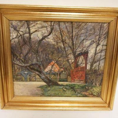 1134	OIL PAINTING ON CANVAS OF COTTAGE IN WOODS, ARTIST SIGNED LUDWIG HOLM 1927, APPROXIMATELY 20 IN X 22 IN OVERALL
