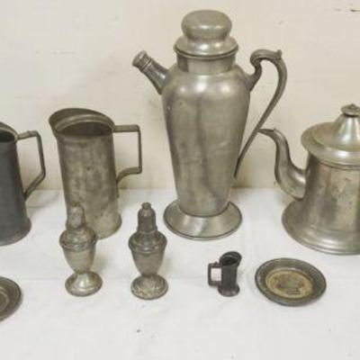 1119	GROUP OF ASSORTED PEWTER INCLUDING VASE, MEASURES, SALT & PEPPER, TEAPOT, LARGEST PIECE APPROXIMATELY 12 IN HIGH
