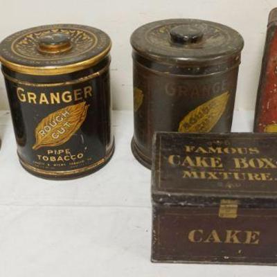 1075	GROUP OF ASSORTED ANTIQUE TINS INCLUDING GEORGE WASHINGTON TOBACCO, GRANGER, FAMOUS CAKE BOX, ETC, LARGEST APPROXIMATELY 6 IN HIGH
