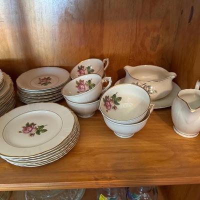 Rosalie Syracuse China Cabbage Rose - 6 place settings. Saucers, salad plates, dinner plates, tea/coffee cups, gravy boat and creamer....