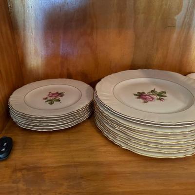 Rosalie Syracuse China Cabbage Rose - 6 place settings. Saucers, salad plates, dinner plates, tea/coffee cups, gravy boat and creamer....