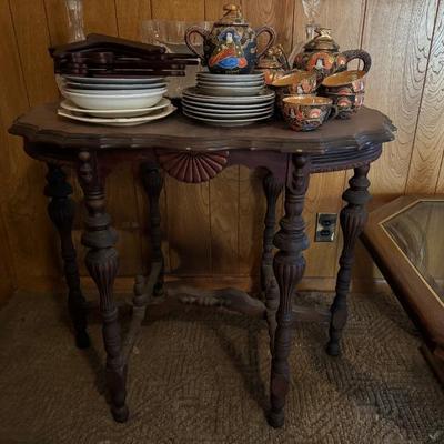 Antique table and various china