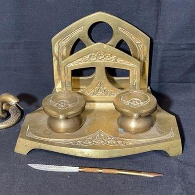 Brass Or Bronze Antique Double Inkwell * Snake * quill Pen
