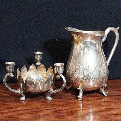 Leonard Silverplated Footed Water Pitcher With Ice Lip & Footed Lotus Candleholder/Flower Bowl
