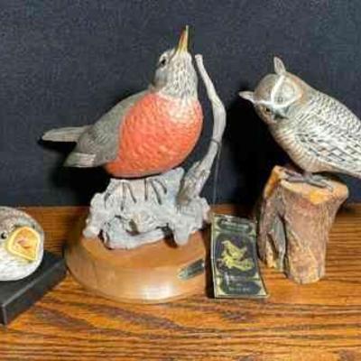 Ma Hai Feng American Robins * Signed Wooden Owl Carving
