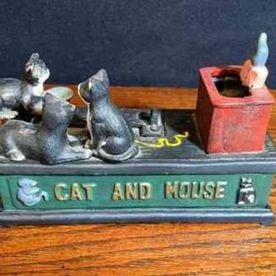 Cast Iron Cat and Mouse Mechanical Piggy Bank
