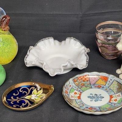 Eclectic Collectibles Lot * Lenox Dog * Small Ruffle Edge Fenton Plate * Stone Apple Paperweight
