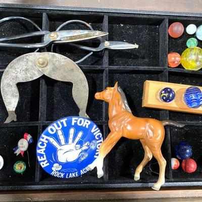 Victorian legs micrometer, Hagen Rennaker horse, marbles, pinbacks, scissors