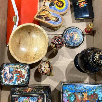 Russian painted lacquer, porcelain boxes, plaques, eggs, icons