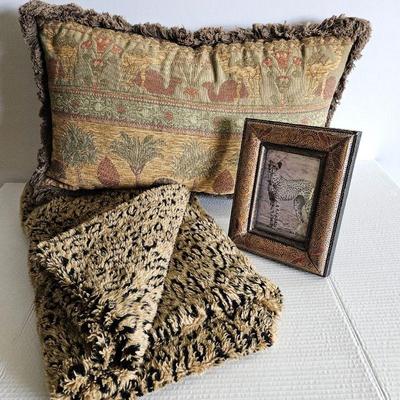 Plush Animal Print Throw - Ornate Dragonfly Picture Frame & Large Tapestry Throw Pillow w/ Camels & Palm Trees 