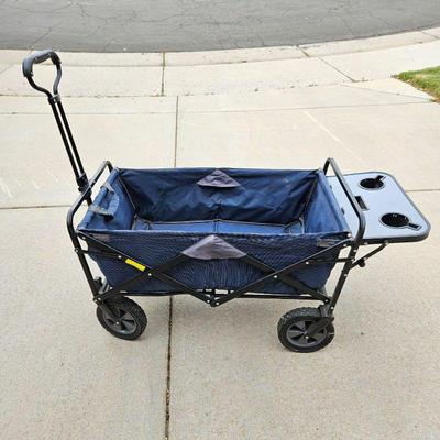 Fold Away Wagon on Wheels w/ Dark Blue Canvas Material, Optional Tray with Cup Holders Plus Front Cup Holders