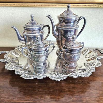Vintage Silverplated Coffee / Tea Service on Footed Silver Tray - Coffee Pot, Tea Pot, Sugar & Creamer