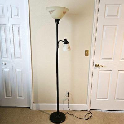 Beautiful Quality Heavy 6ft Tall Wrought Iron Floor Lamp with Two Frosted Glass Shades - Dark Bronze Tone