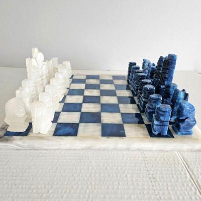  Fun Solid Stone Chess Set with Carved Blue and White Players Also in Stone 14.5 x 14.5