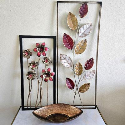 Two Pieces of Metal Wall Art and Pretty Metallic Gold Tone Art Glass Bowl 