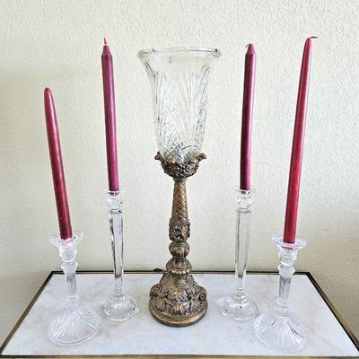 Very Pretty Table Lamp w/ Cut Crystal Shade and Gold Base - Plus Four Crystal Candle Stick Holders