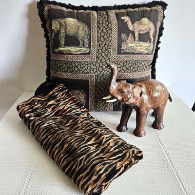 Soft Animal Print Throw Blanket Plus Large Tapestry Throw Pillow and Fun Elephant Figurine w/ Leather Feel