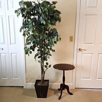 Set of 6ft Faux Ficus Tree and Small Oval Dark Wood 2ft Tall Occasional Table w/ Folding Oval Top 