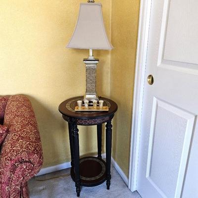 Round End Table Ornately Painted w/ Burgundy and Gold, Plus Table Lamp & Miniature Candles
