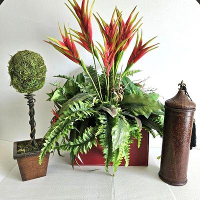 Dramatic Floral Arrangement in Red Leather Box Planter Plus Topiary & Leather Like Wine Bottle Tote
