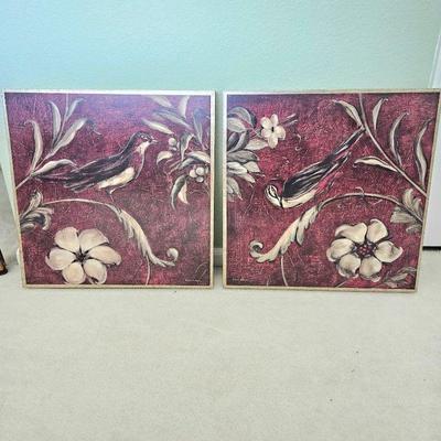 Set of Two Wall Art Pieces Burgundy Background with Birds - Both 19