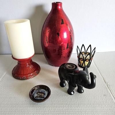  Assorted Decor - Red Vase and Pillar Candle Holder Plus Elephant Tea Light & More