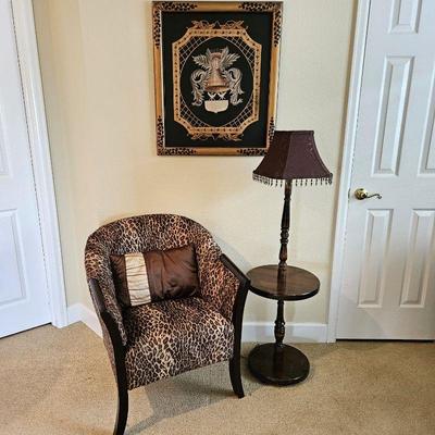 Decorative Safari Style Sitting Area Includes Armchair, Pillow, Floor Lamp & Wall Art