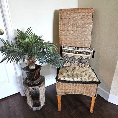 Tropical Rattan Style Chair and Decor Includes Tall Back chair, Tall Storage Basket & Faux Palm Plant 