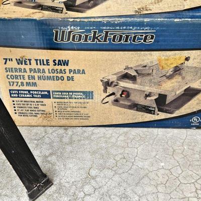  7" Wet Tile Saw in Used, but in Original Box - Includes Box of Tiling Accessories