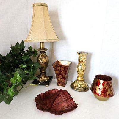  Lot of Gold & Burgundy Colored Decor - Table Lamp, Painted Glass Vases, Candle Holder & More