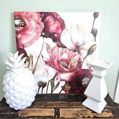 Wall Art Stretched Canvas Plus Two White Ceramic Decor Items - Pineapple & Pillar Candle Holder 