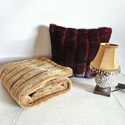 Beige Plush Throw Blanket Plus Faux Fur Throw Pillow and Small Decorative Mosaic Tile Table Lamp
