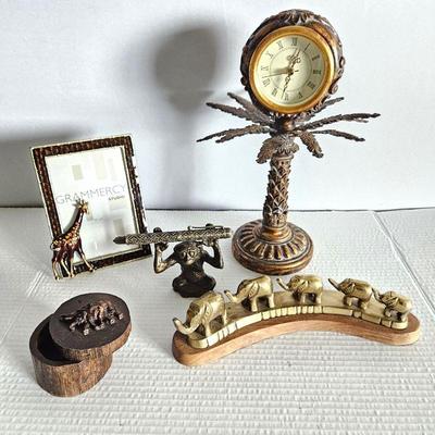 Assorted Safari Themed Desk Top Items - Table Clock, Monkey Pen Holder, Giraffe Frame, Wood Paper Clip Box