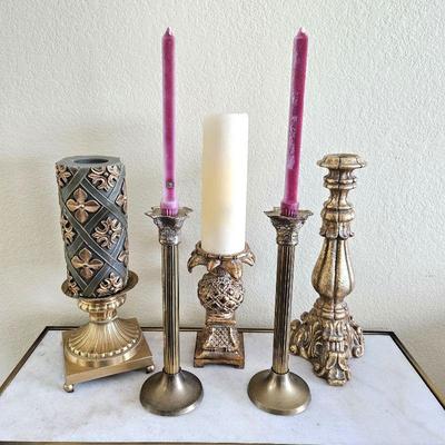 Lot of Gold / Brass Tone Pillar and Taper Candle Holders - Candles Included 