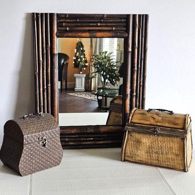 Bamboo Decor Lot Including Whimsical Bamboo Framed Wall Mirror 19
